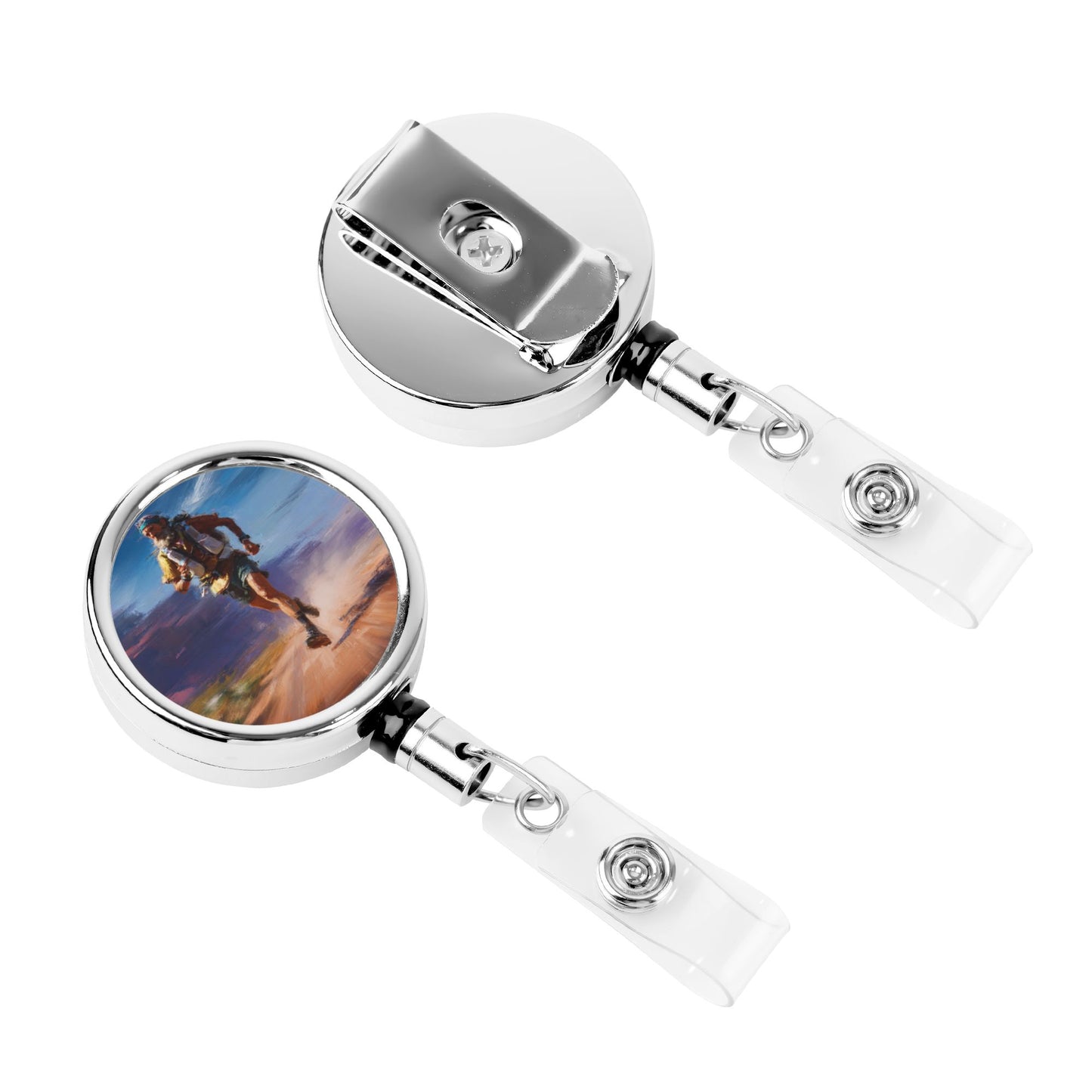 2 - Pack Metal Retractable Badge Holders - Outdoor Running Pattern, 360° Rotation, Durable & Portable