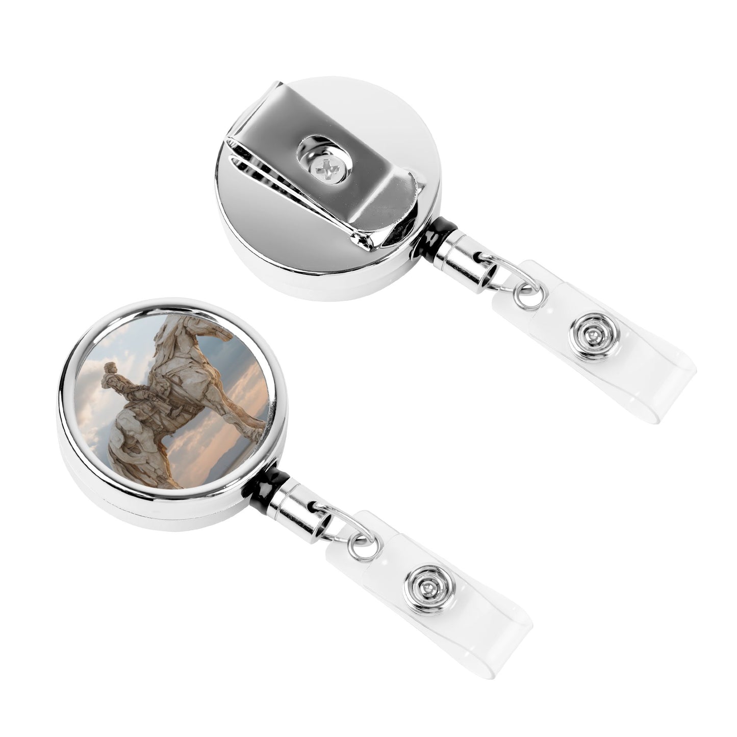 2 - Pack Metal Retractable Badge Holders - Horse - Riding Statue Pattern, 360° Rotation, Durable & Portable