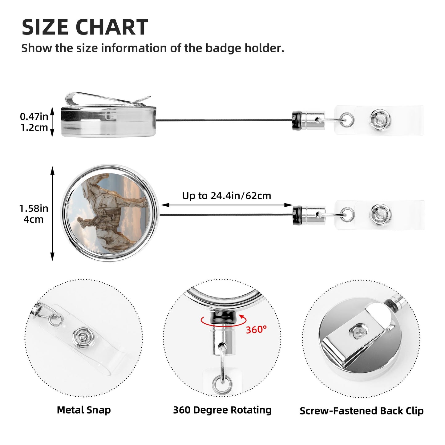 2 - Pack Metal Retractable Badge Holders - Horse - Riding Statue Pattern, 360° Rotation, Durable & Portable
