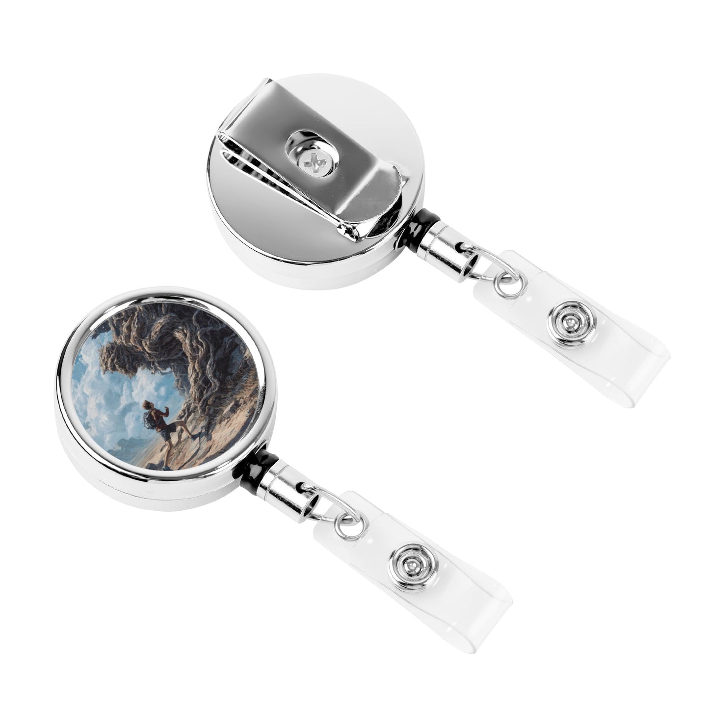 2 - Pack Metal Retractable Badge Holders - Outdoor Adventure Pattern, 360° Rotation, Durable & Portable