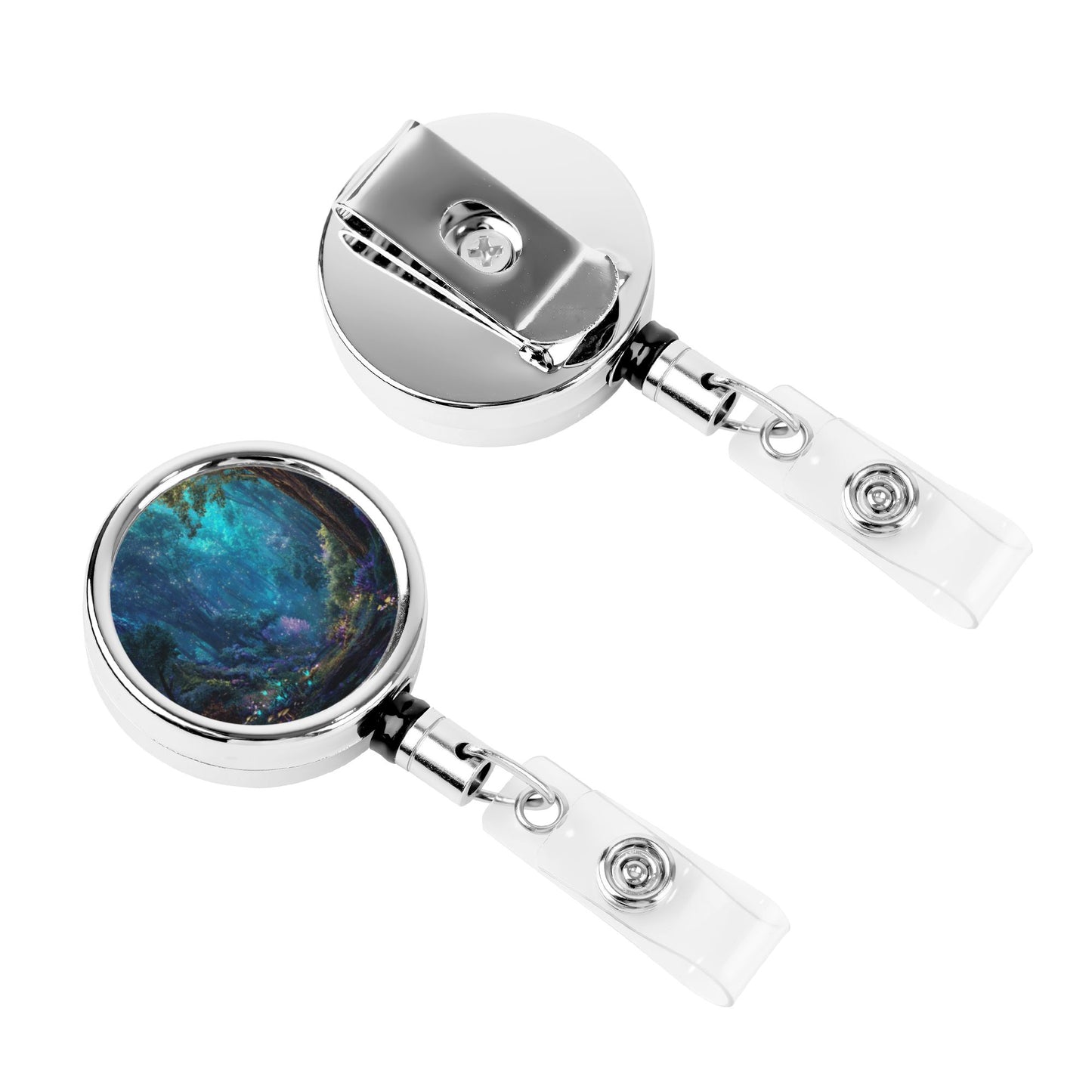 2 - Pack Metal Retractable Full - Size Badge Holders - Dreamy Forest Pattern, 360° Rotation, Durable Clip