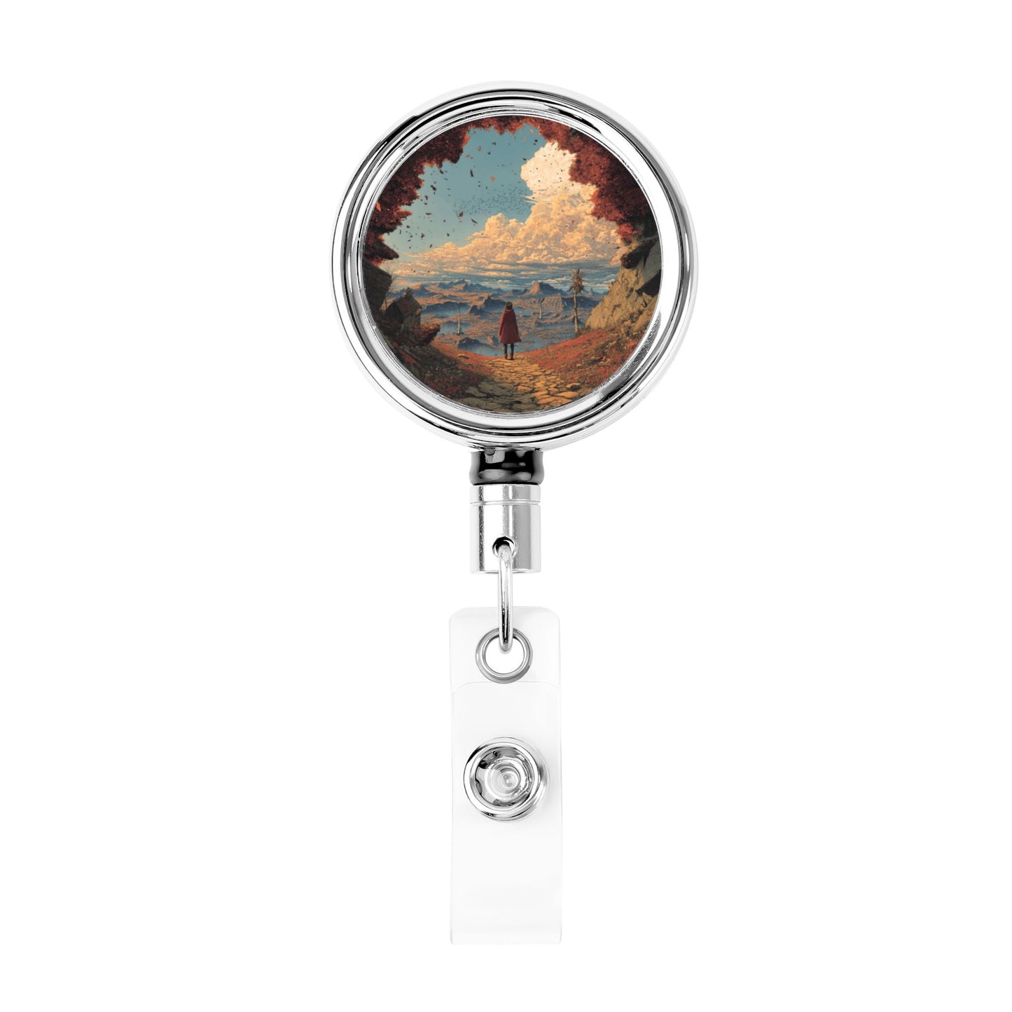 2 - Pack Metal Retractable Full - Size Badge Holders - Scenery Pattern, 360° Rotation, Sturdy and Durable