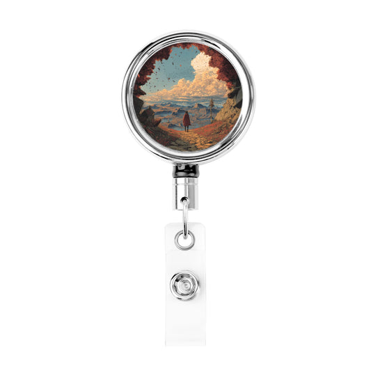 2 - Pack Metal Retractable Full - Size Badge Holders - Scenery Pattern, 360° Rotation, Sturdy and Durable