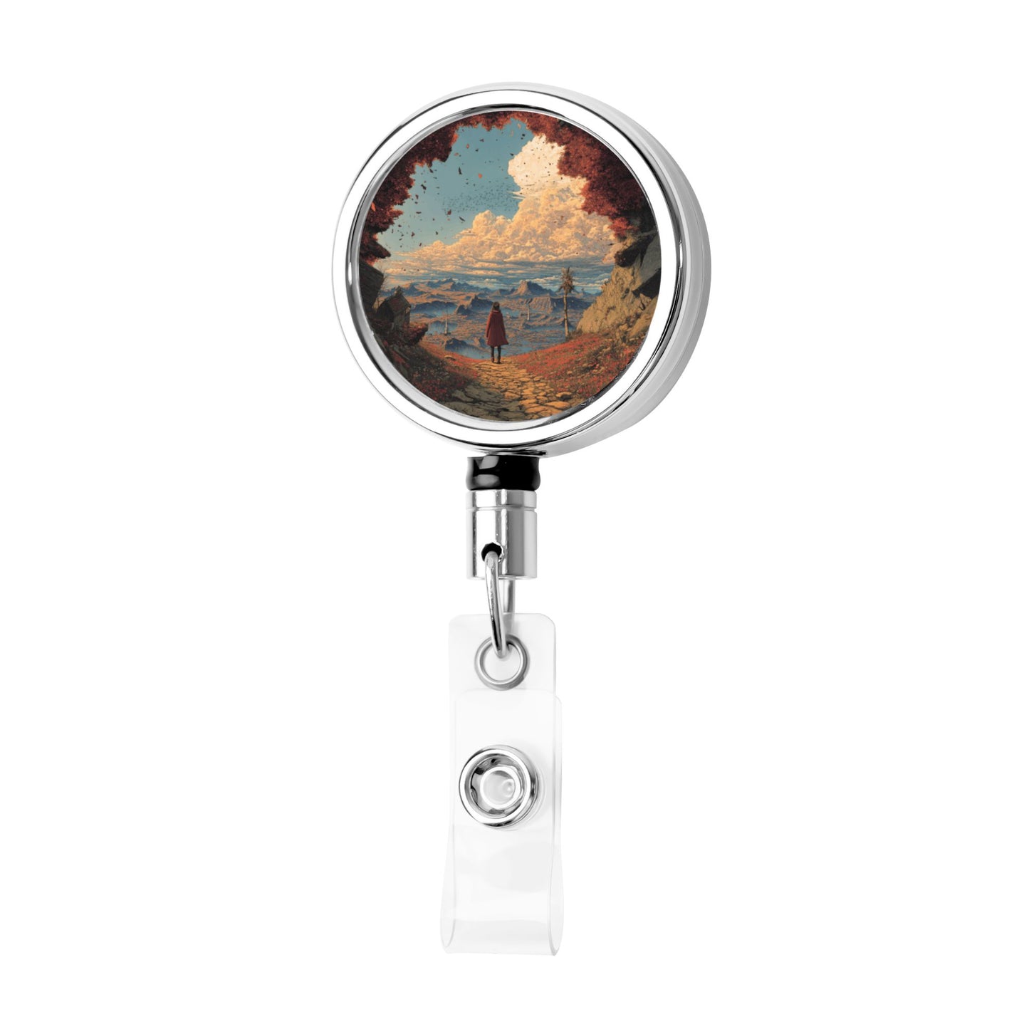 2 - Pack Metal Retractable Full - Size Badge Holders - Scenery Pattern, 360° Rotation, Sturdy and Durable