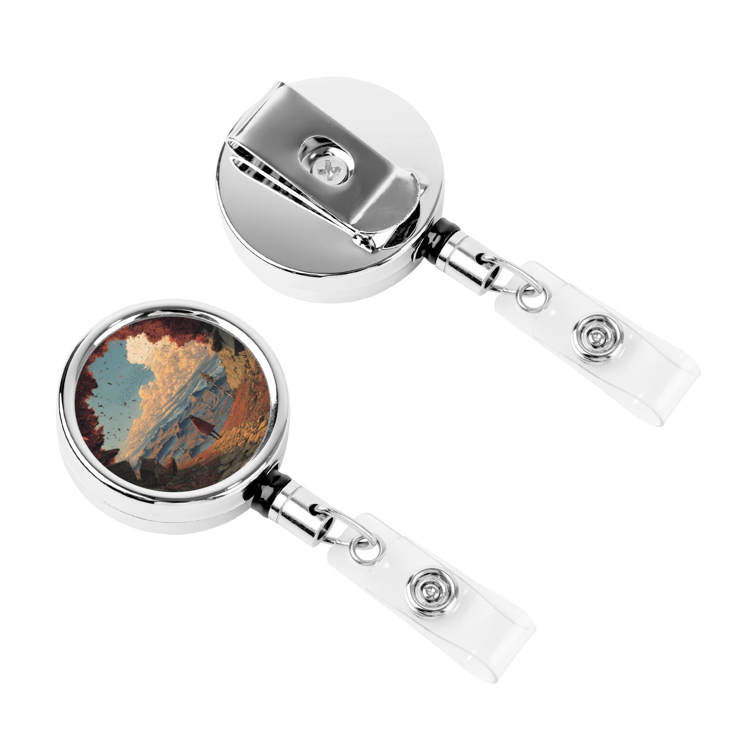 2 - Pack Metal Retractable Full - Size Badge Holders - Scenery Pattern, 360° Rotation, Sturdy and Durable
