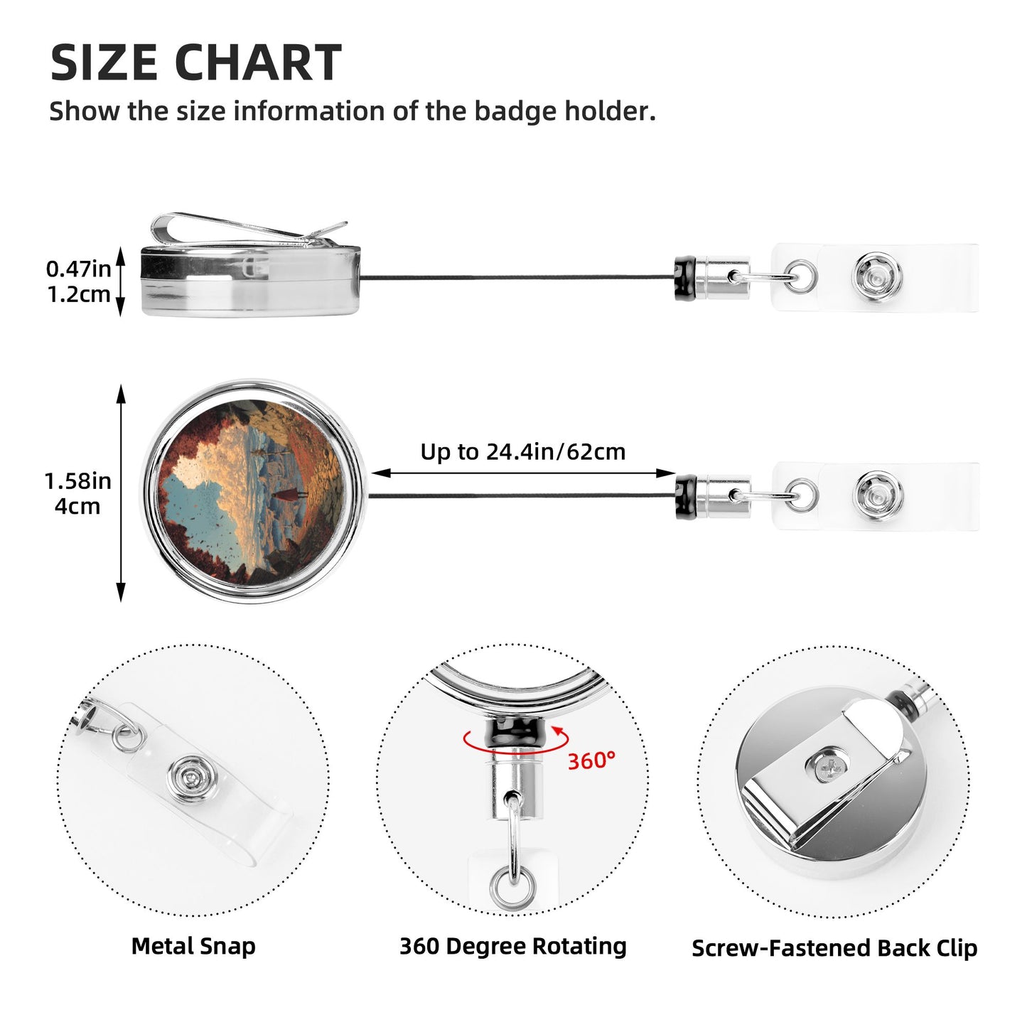 2 - Pack Metal Retractable Full - Size Badge Holders - Scenery Pattern, 360° Rotation, Sturdy and Durable
