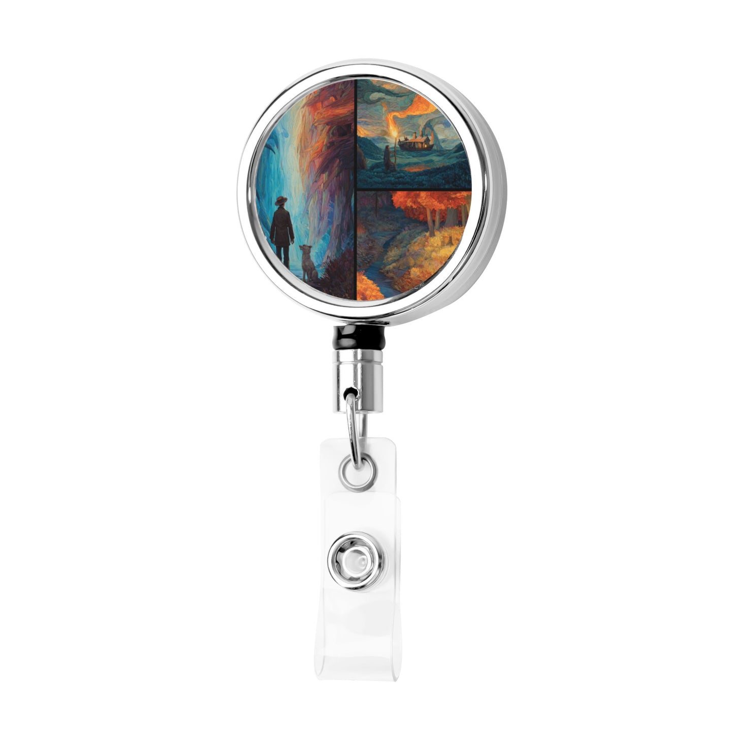 2 - Pack Metal Retractable Full - Size Badge Holders - Artistic Collage Pattern, 360° Rotation, Multi - Scene Application