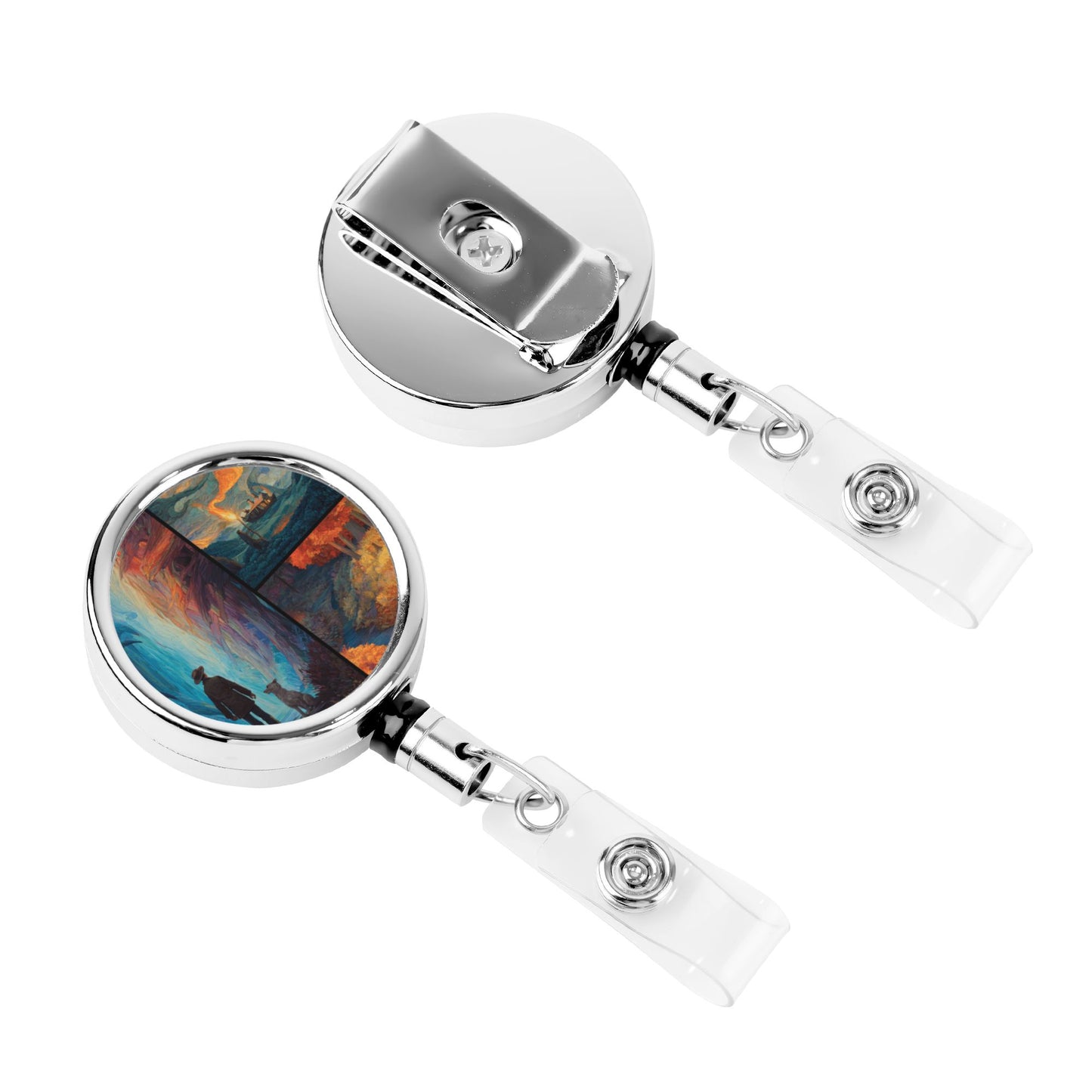 2 - Pack Metal Retractable Full - Size Badge Holders - Artistic Collage Pattern, 360° Rotation, Multi - Scene Application