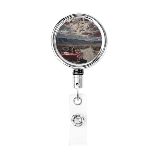 2 - Pack Metal Retractable Full - Size Badge Holders - Vintage Road Pattern, 360° Rotation, Durable and Portable