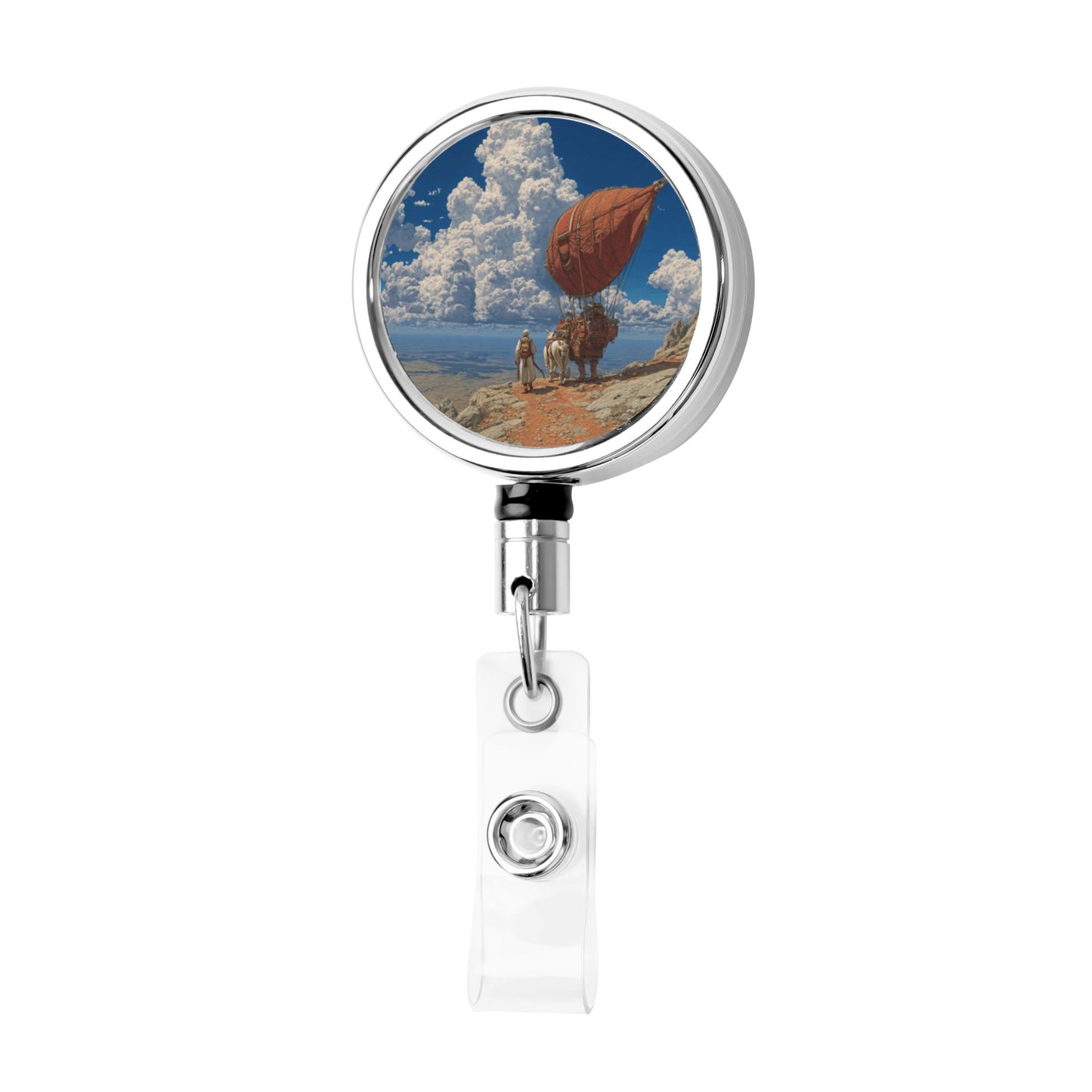 2 - Pack Metal Retractable Badge Holders - Vintage Travel Pattern, 360° Rotation, Sturdy & Durable