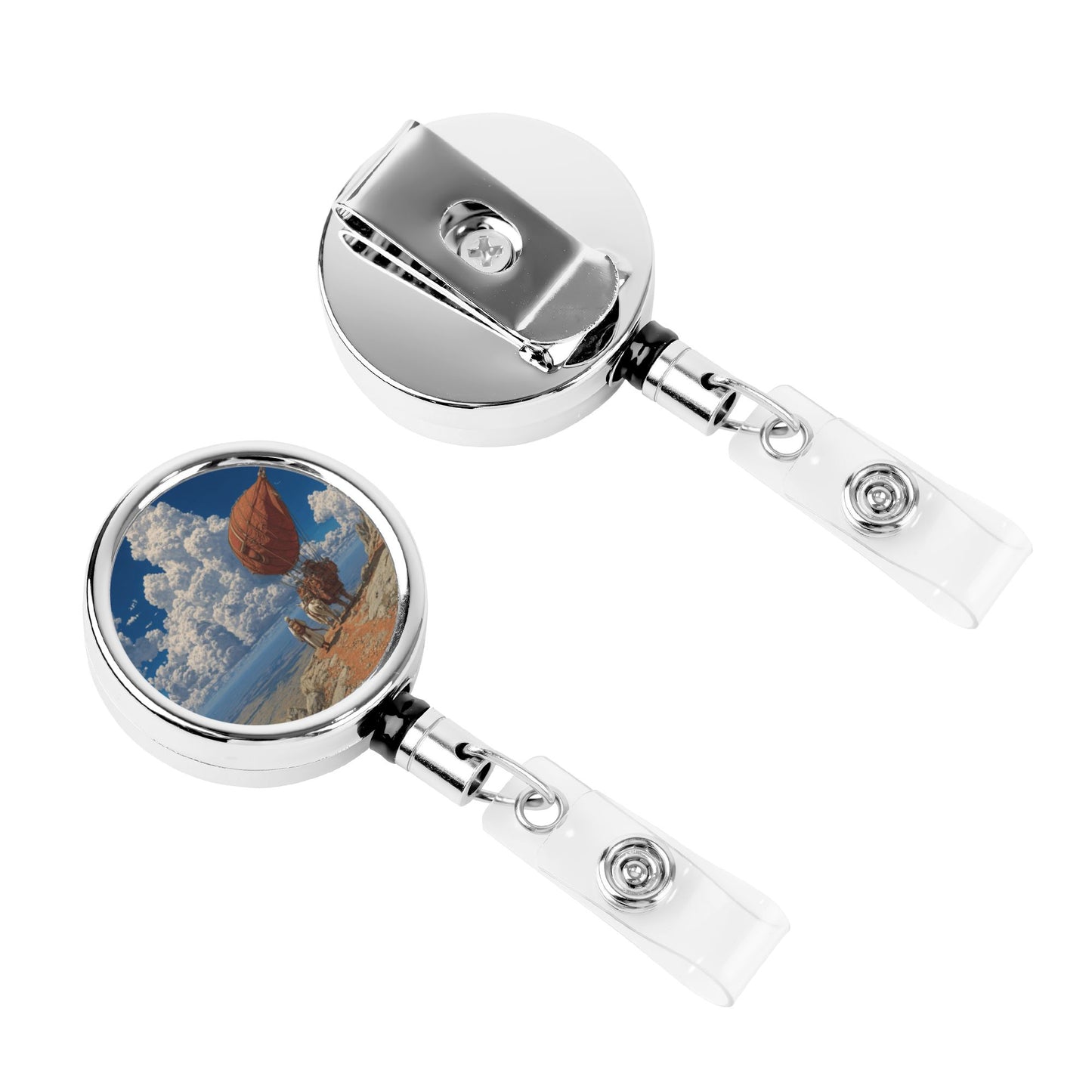 2 - Pack Metal Retractable Badge Holders - Vintage Travel Pattern, 360° Rotation, Sturdy & Durable
