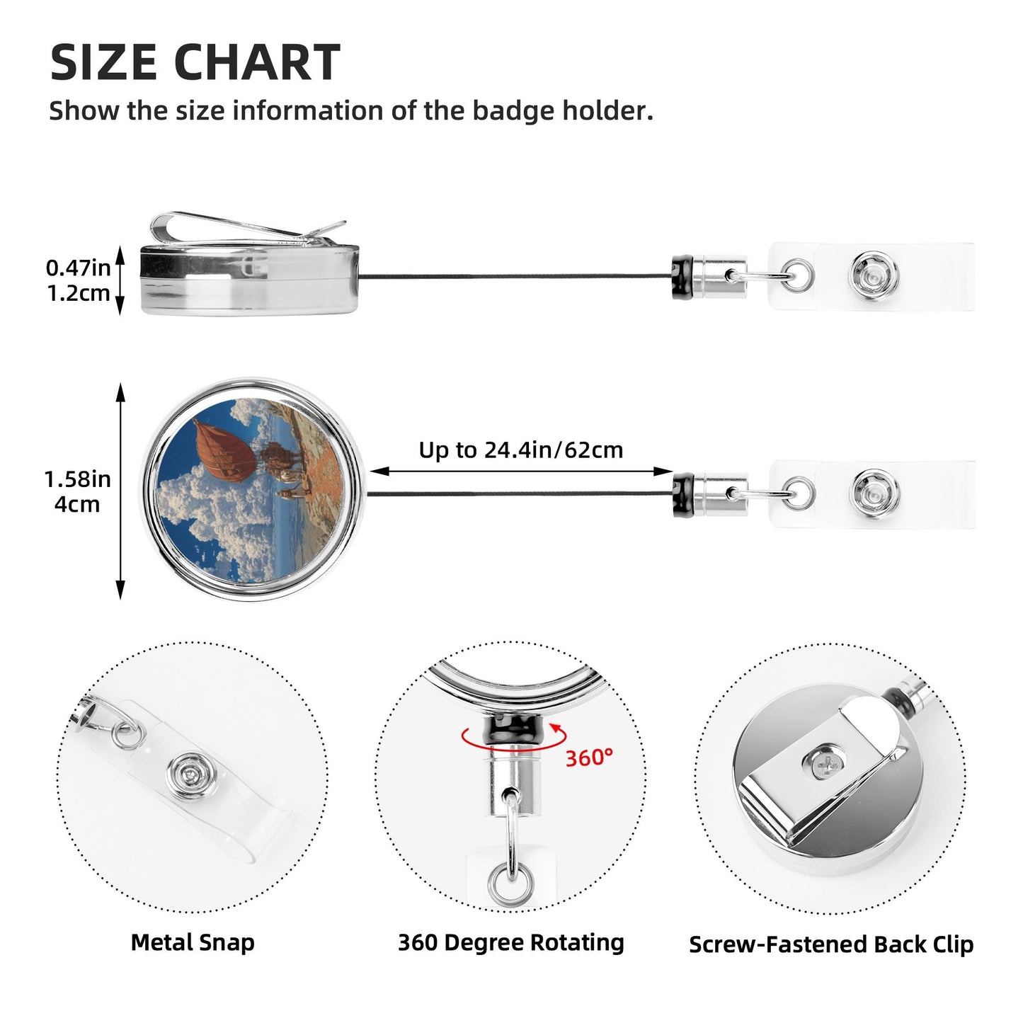 2 - Pack Metal Retractable Badge Holders - Vintage Travel Pattern, 360° Rotation, Sturdy & Durable