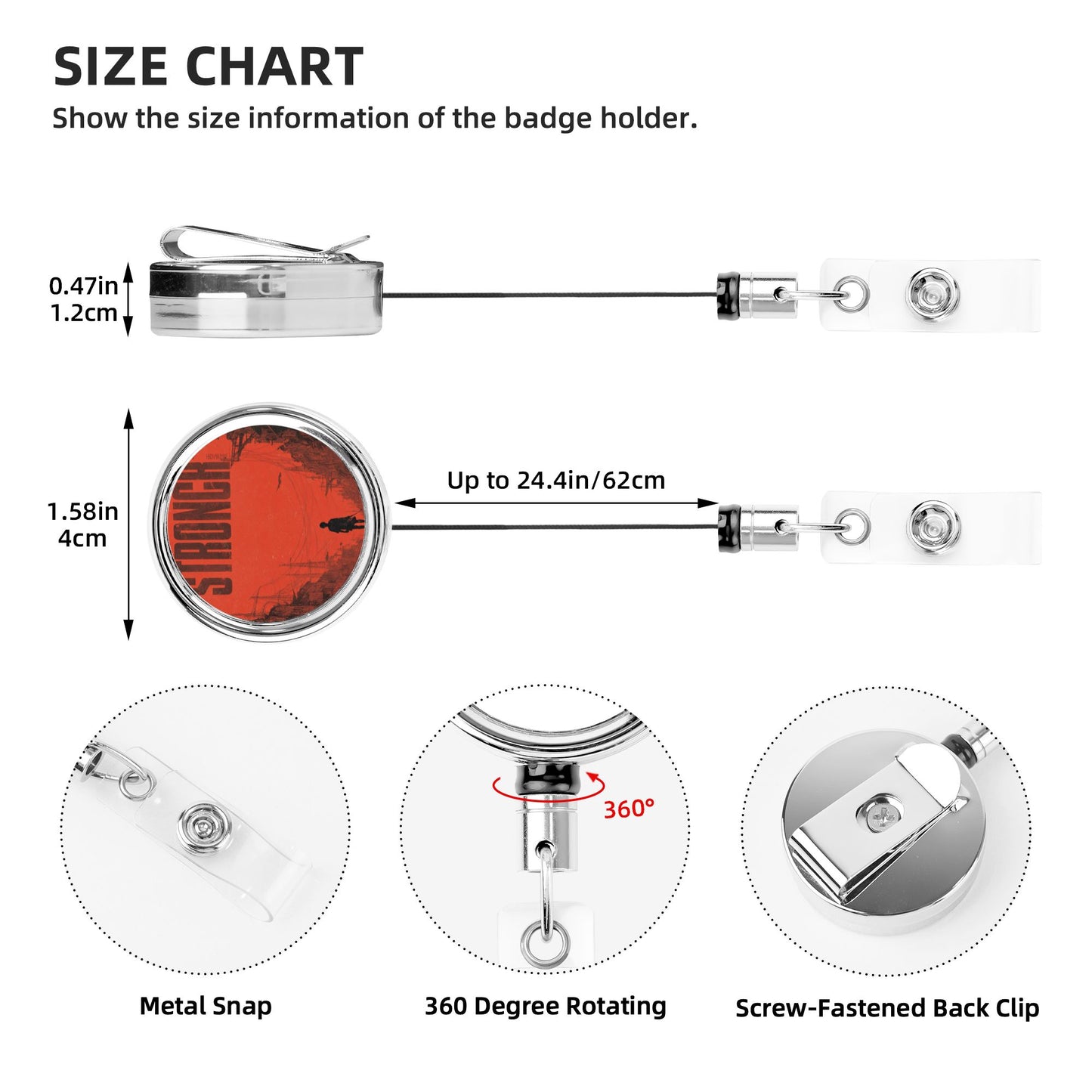 2 - Pack Metal Retractable Full - Size Badge Holders - “STRONGER” Themed Pattern, 360° Rotation, Durable & Portable