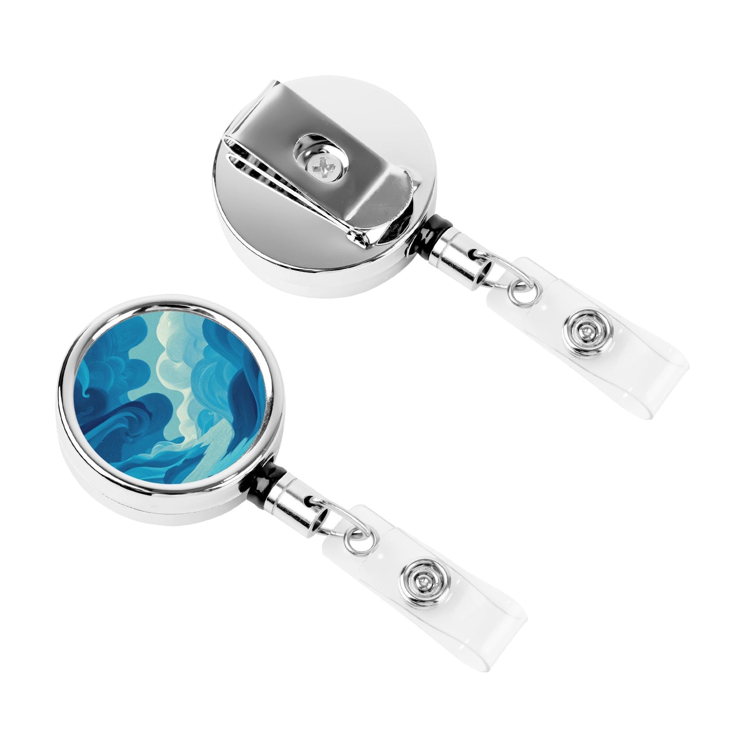2 - Pack Metal Retractable Full - Size Badge Holders - Blue Artistic Cloud Pattern, 360° Rotation, Durable and Portable