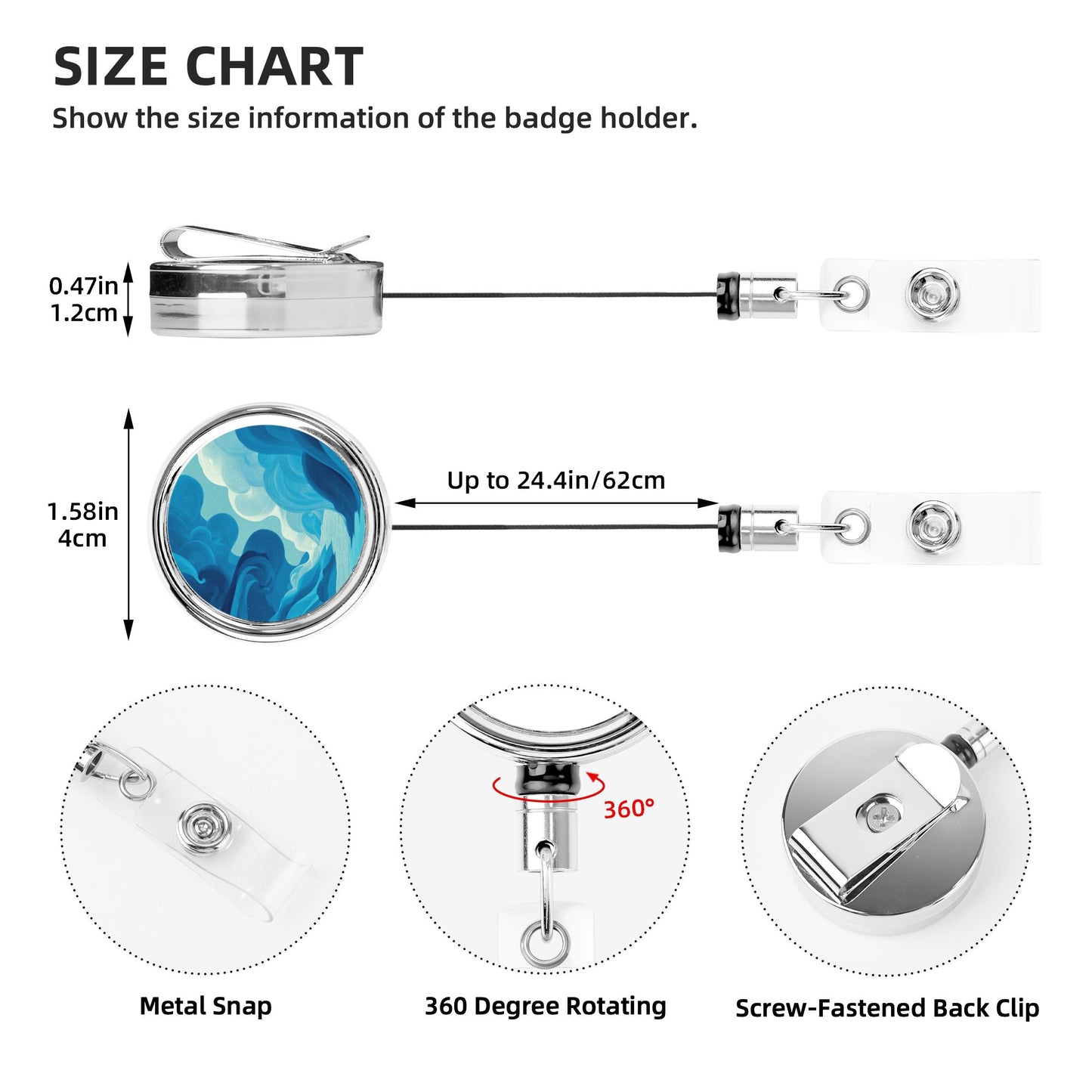 2 - Pack Metal Retractable Full - Size Badge Holders - Blue Artistic Cloud Pattern, 360° Rotation, Durable and Portable