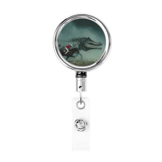 2 - Pack Metal Retractable Full - Size Badge Holders - Creative Dinosaur Chasing Rider Pattern, 360° Rotation, Durable & Portable