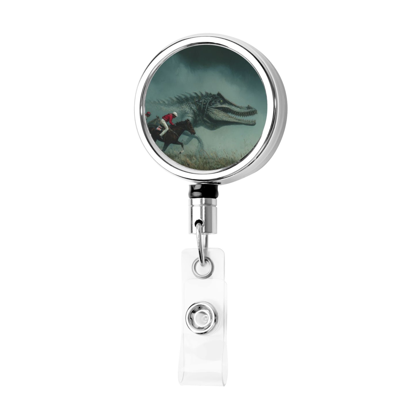 2 - Pack Metal Retractable Full - Size Badge Holders - Creative Dinosaur Chasing Rider Pattern, 360° Rotation, Durable & Portable