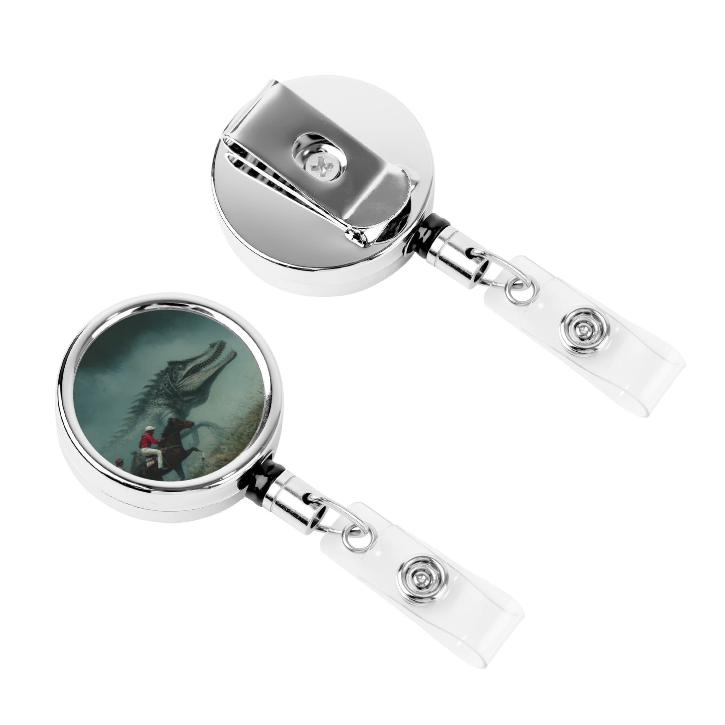 2 - Pack Metal Retractable Full - Size Badge Holders - Creative Dinosaur Chasing Rider Pattern, 360° Rotation, Durable & Portable