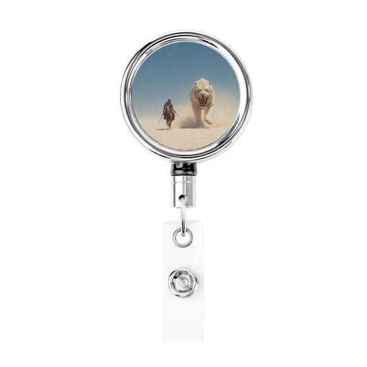 2 - Pack Metal Retractable Badge Holders - Desert Warrior & White Tiger Pattern, 360° Rotation, Durable & Portable