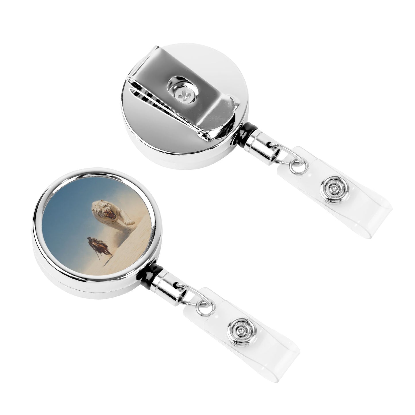 2 - Pack Metal Retractable Badge Holders - Desert Warrior & White Tiger Pattern, 360° Rotation, Durable & Portable