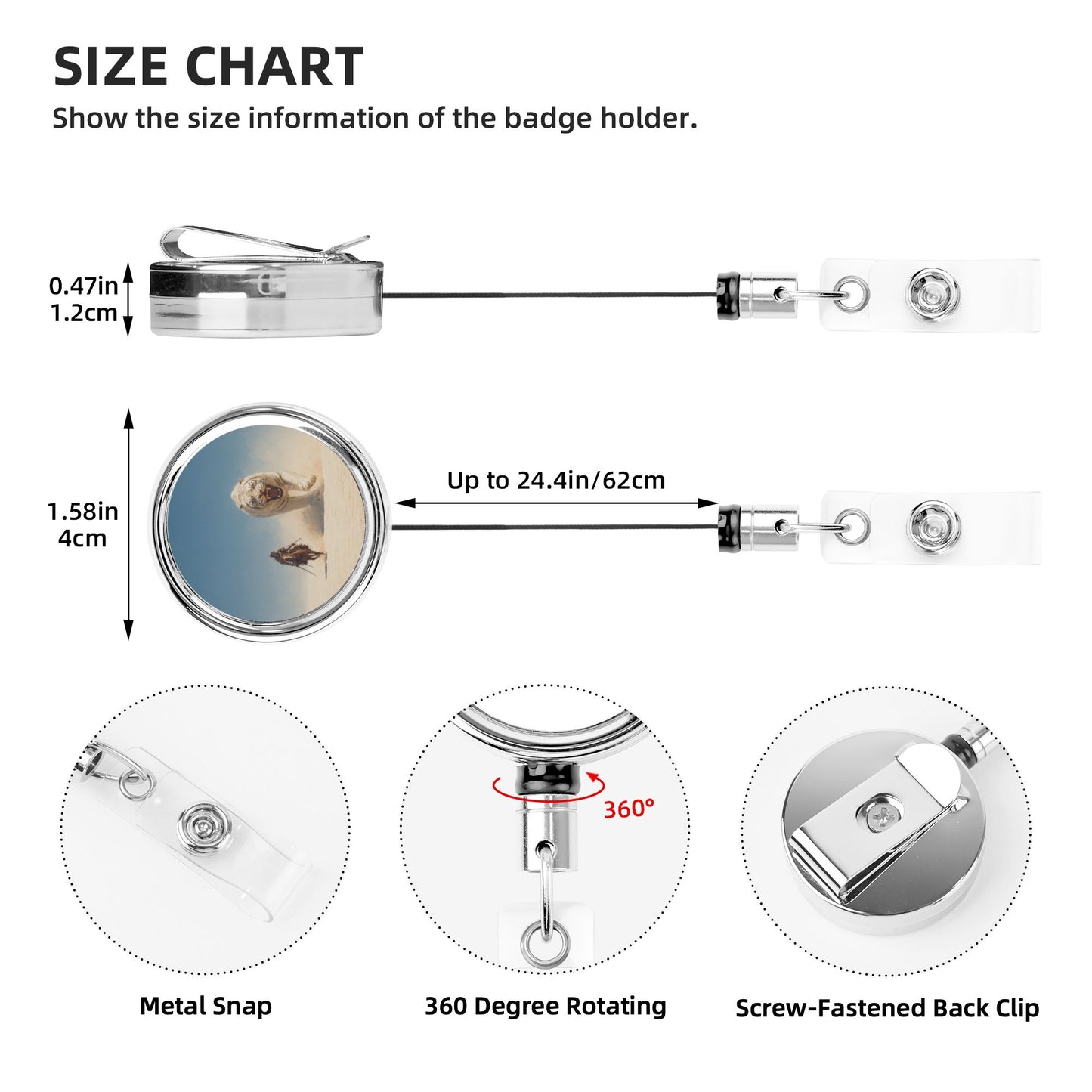 2 - Pack Metal Retractable Badge Holders - Desert Warrior & White Tiger Pattern, 360° Rotation, Durable & Portable